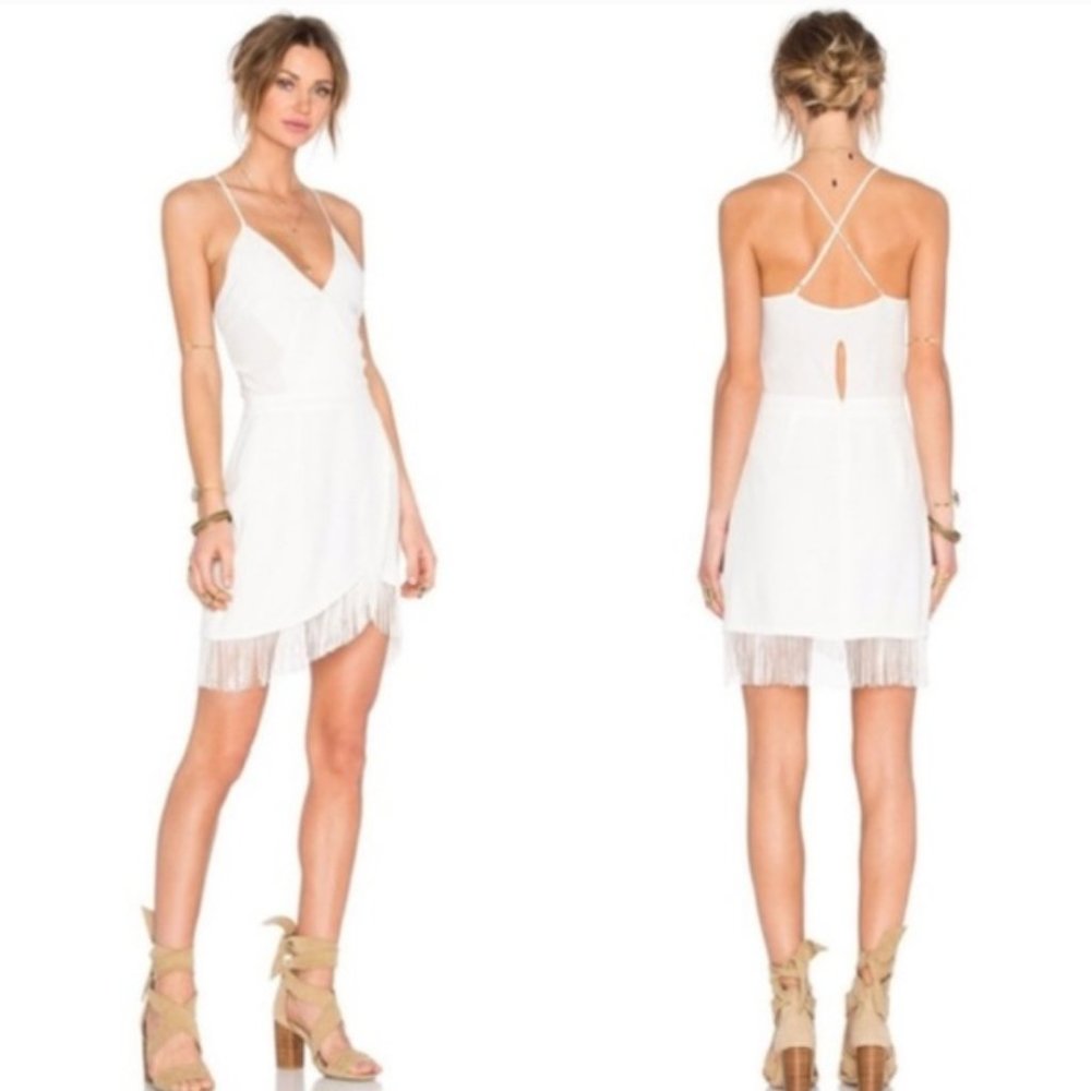 LOVERS + FRIENDS ivory white faux wrap fringe-trimmed Saturn mini dress